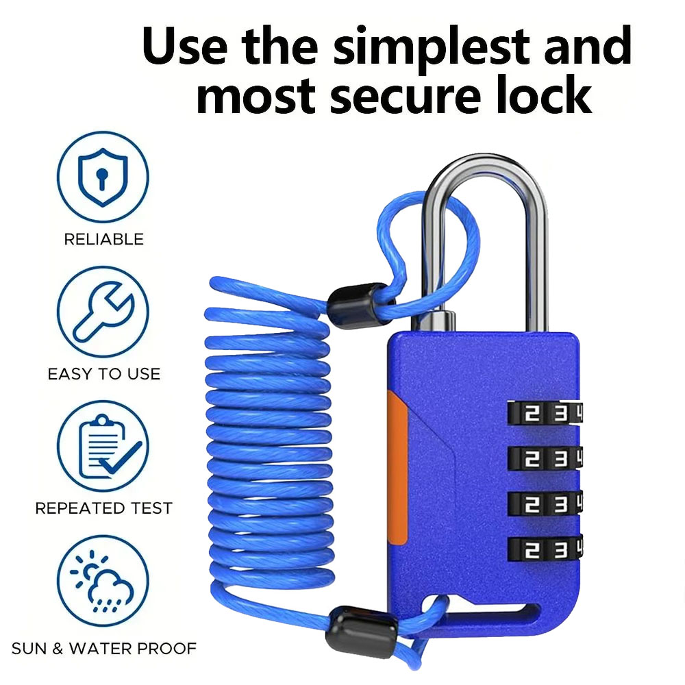 Travel Backpack Anti Theft - 4-stelliges Zahlenkombinations-Vorhängeschloss mit einziehbarem Kabel, Diebstahlsicherung,